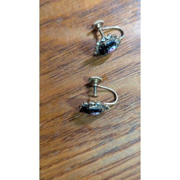 Vintage Screw Back Earrings W/ Floral Black Glass Cabochons & Rhinestones - Picture 4 of 6
